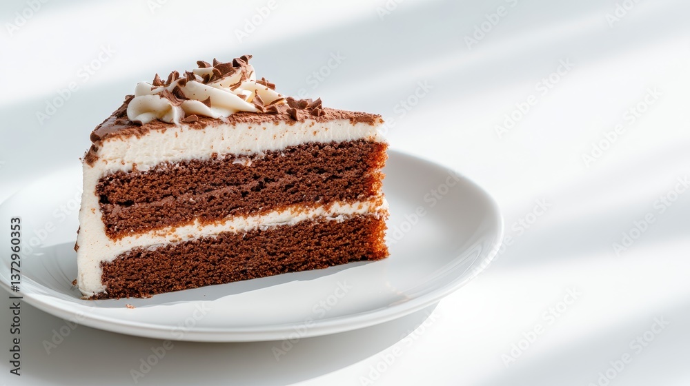 A tempting slice of chocolate cake topped with shavings and cream, sitting on a white plate, capturing the allure of a rich, chocolatey dessert perfect for celebrations. A tempting slice of chocolate cake topped with shavings and cream, sitting on a white plate, capturing the allure of a rich, chocolatey dessert perfect for celebrations.