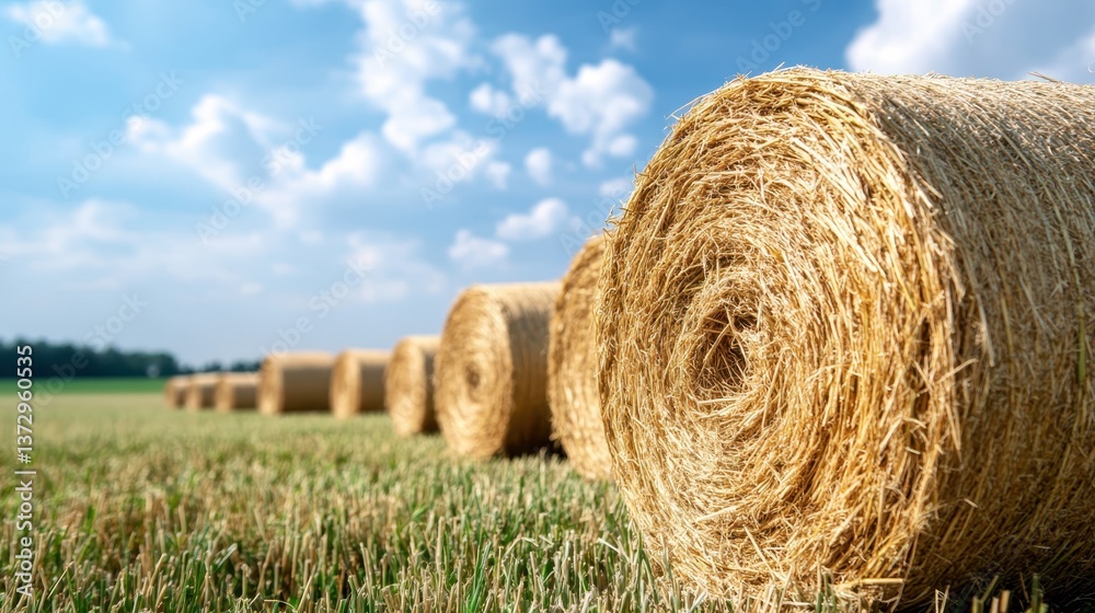 Rows of round hay bales lay neatly across a sunny field, depicting a classic rural scene that evokes feelings of tranquility and connection with nature's beauty. Rows of round hay bales lay neatly across a sunny field, depicting a classic rural scene that evokes feelings of tranquility and connection with nature's beauty.