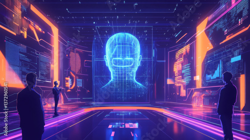 A conceptual vector illustration depicting AI-generated augmented reality art, showcasing interactive AI-driven installations in digital and creative spaces