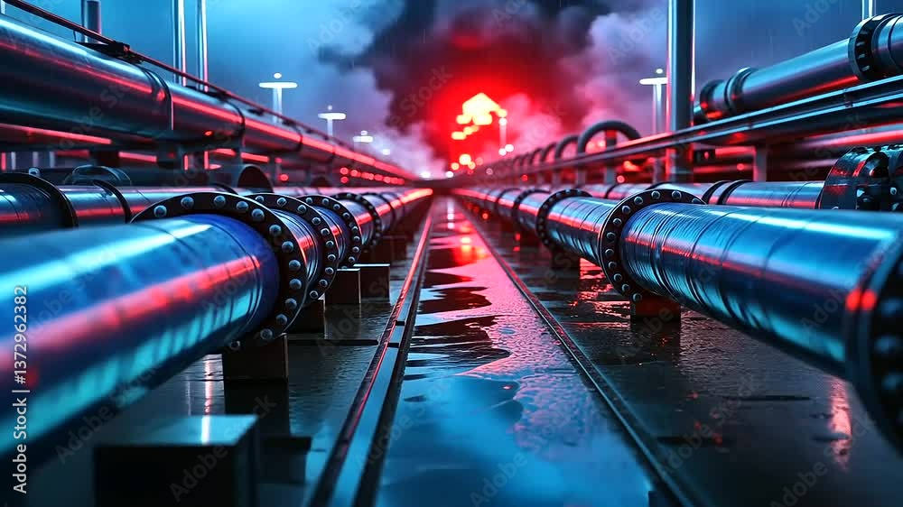A network of complex industrial pipelines, with condensation forming on the blue pipe surfaces, while a distant explosion bathes the facility in an ominous red glow.