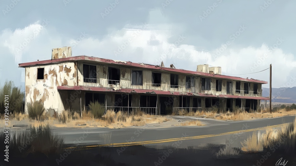 Obraz premium Abandoned Hotel Structure in Desert Landscape with Peeling Paint, Overgrown Vegetation, and a Cloudy Sky, Evoking a Sense of Desolation and Forgotten History