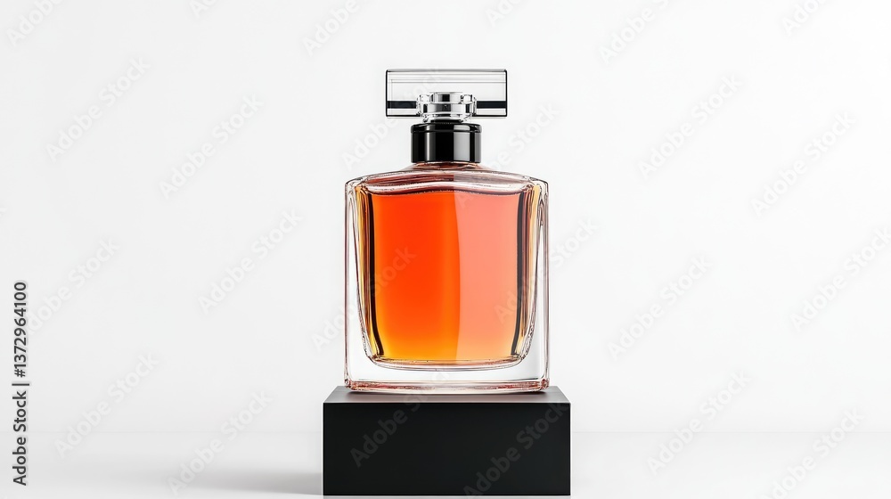 A high-end cologne bottle displayed on a matte black cube pedestal A high-end cologne bottle displayed on a matte black cube pedestal