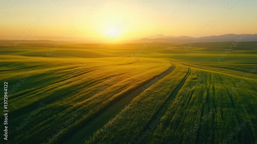 Fototapeta premium Drone flying over green field at sunset, capturing stunning aerial views.