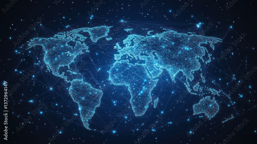 Obraz premium Global network connection, digital world map, data flow, dark background, website banner