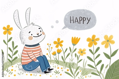 Illustration of happy bunny with flowers in spring children book art