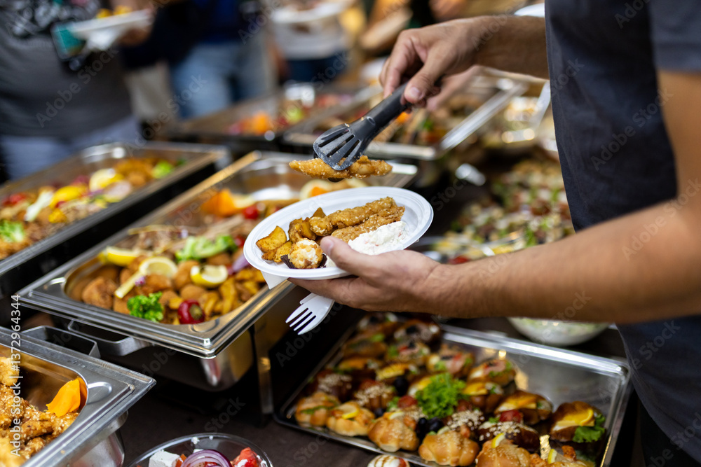 Obraz premium Gathering of friends enjoying a buffet meal with assorted dishes at a lively event in the evening setting