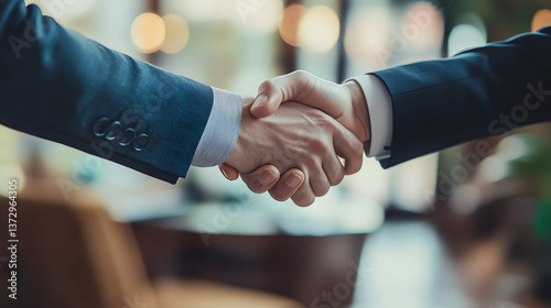 Businessman and client shaking hands after agreeing on a major project, in an upscale conference room.