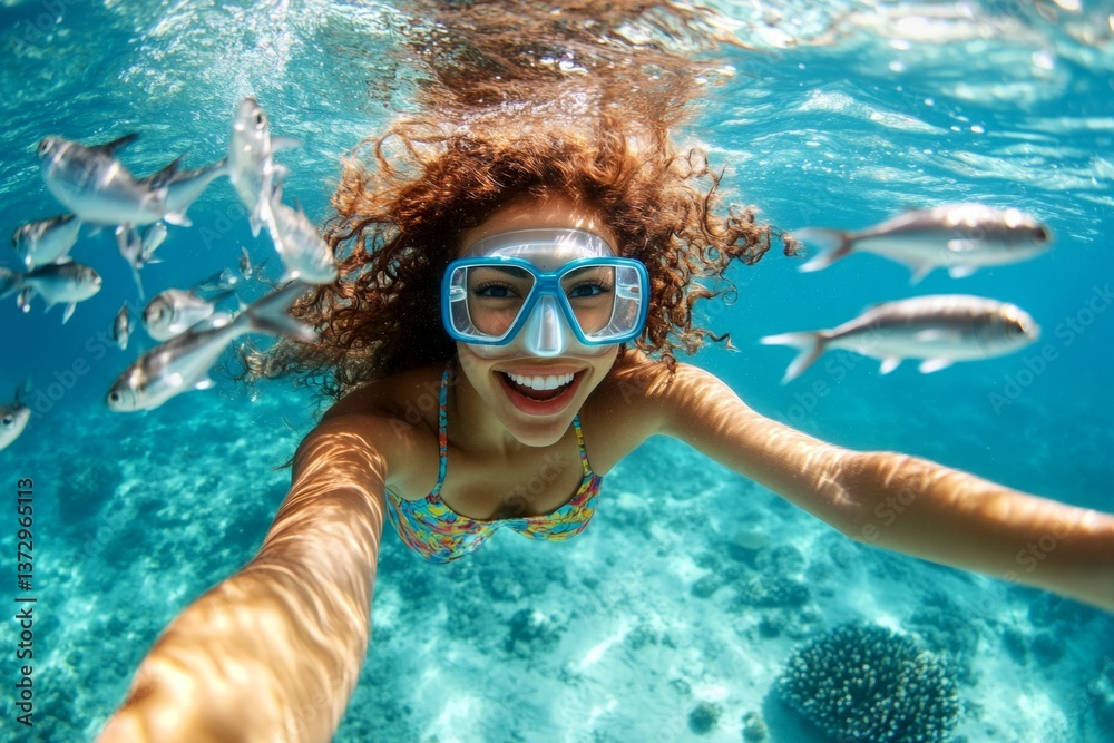 Fototapeta premium A attractive and sexy happy middle eastern young woman with curly hair in a swimming mask and fins snorkeling among the corals. A dense school of silver fish swims next to her.