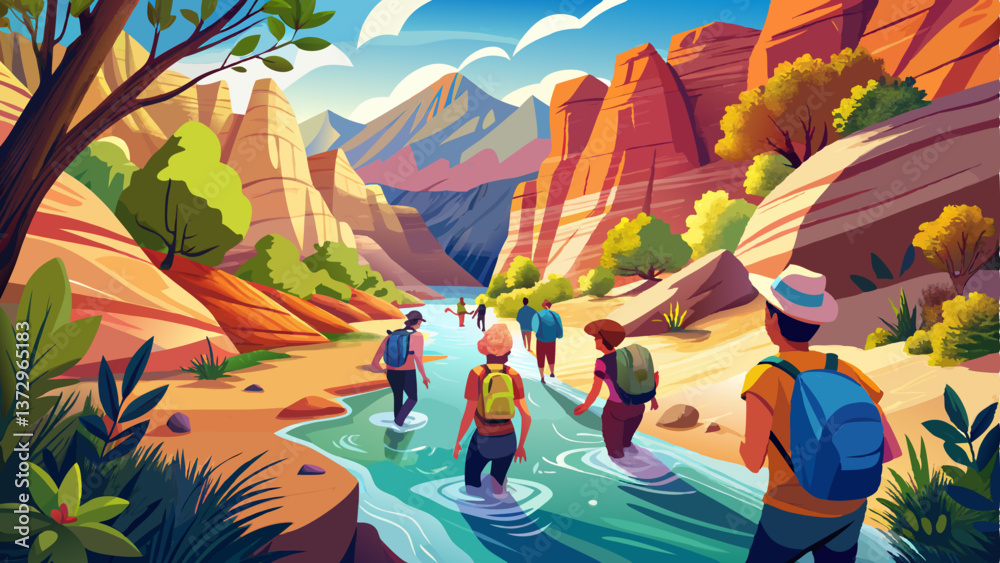 Obraz premium Group of diverse people hiking through a river at Zion National Park. Exploring the beauty of the Narrows and the beautiful canyons of southern Utah.