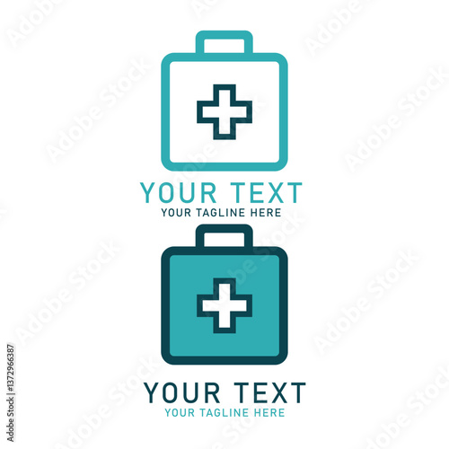 First Aid Kit Logo Set, Blue and White Medical Box Symbol Design, Isolated on White