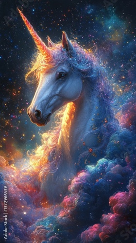 Magical unicorn emerges from cosmic colorful clouds.