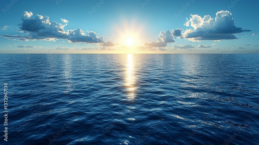 Fototapeta premium Serene Horizon with Subtle Sun Flare and Bokeh over Tranquil Ocean Surface at Dawn