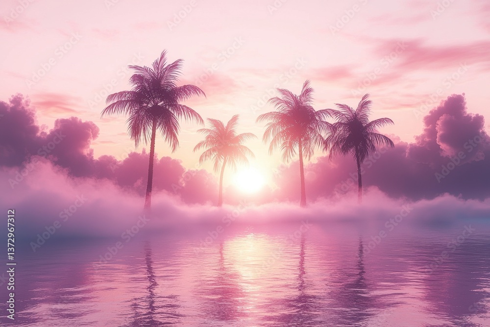Obraz premium Serene Sunset Over Water with Silhouetted Palms and Dreamy Pink Clouds in the Background