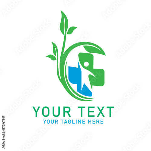 Medical Plant Cross Logo, Green Leaf with Blue Human and Plus Design, Isolated on White