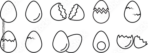 Easter egg icon set. Black solid outline eggs vector isolated on transparent background. Broken eggs icon set. Cracked eggs symbols. Vector illustration.