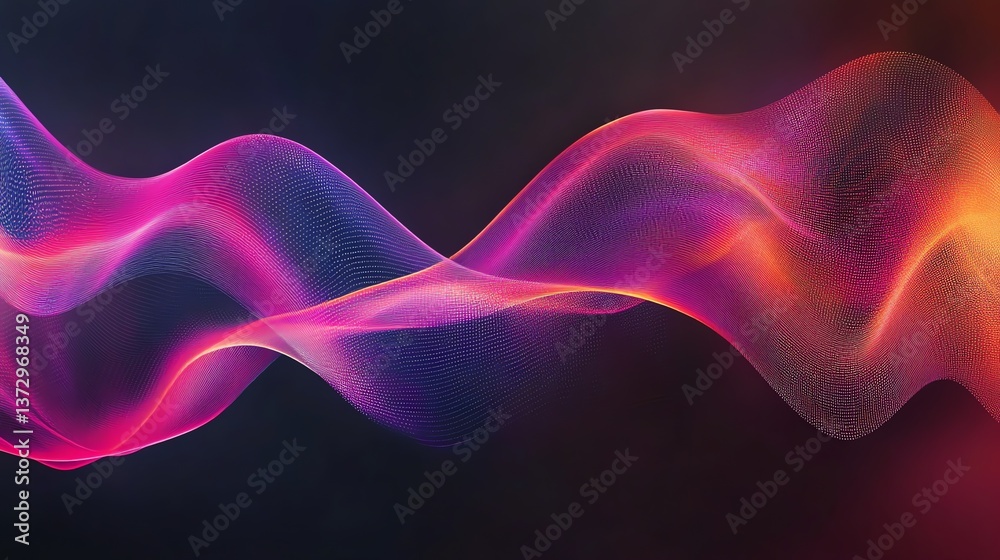 A vibrant, flowing wave of particles creates a dynamic, abstract design.