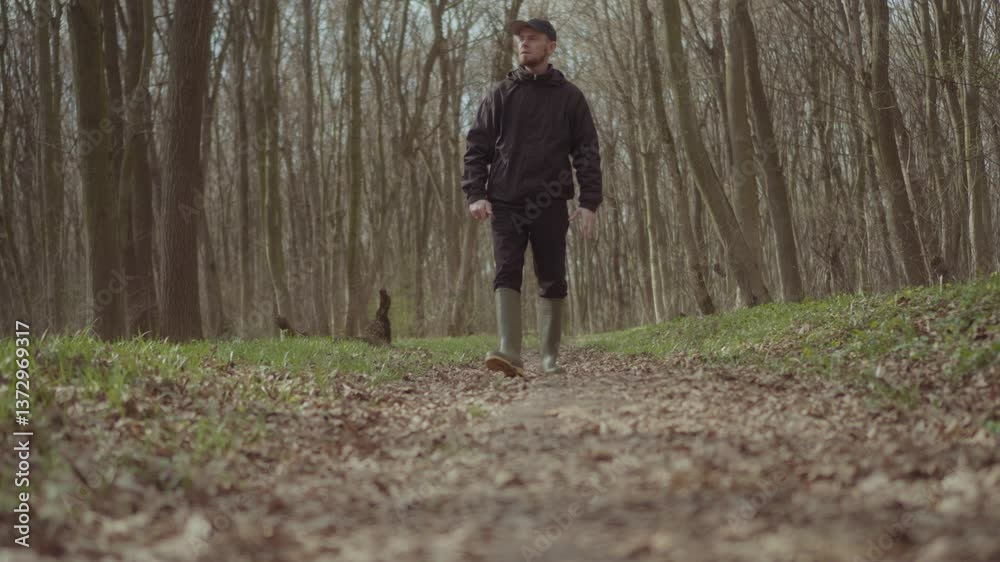 A solitary person leisurely walks along a tranquil path through a lush green forest A solitary person leisurely walks along a tranquil path through a lush green forest