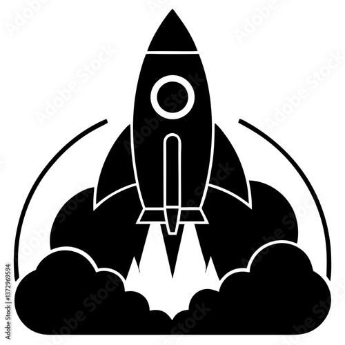 Rocket launching against clouds in minimalist style  