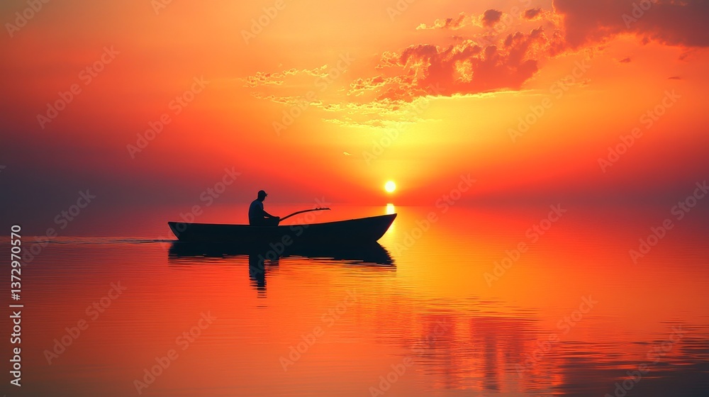 Silhouette of a person in a boat on water during Silhouette of a person in a boat on water during