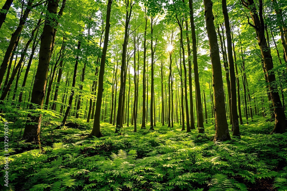 Naklejka premium Dense green forest with tall trees and sunlight shining through the leaves, creating a peaceful atmosphere. Nature background concept. Ai generative