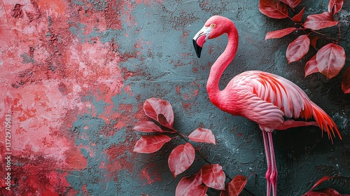 Vibrant Flamingo Against Colorful Background with Bright Leaves and Textured Surface