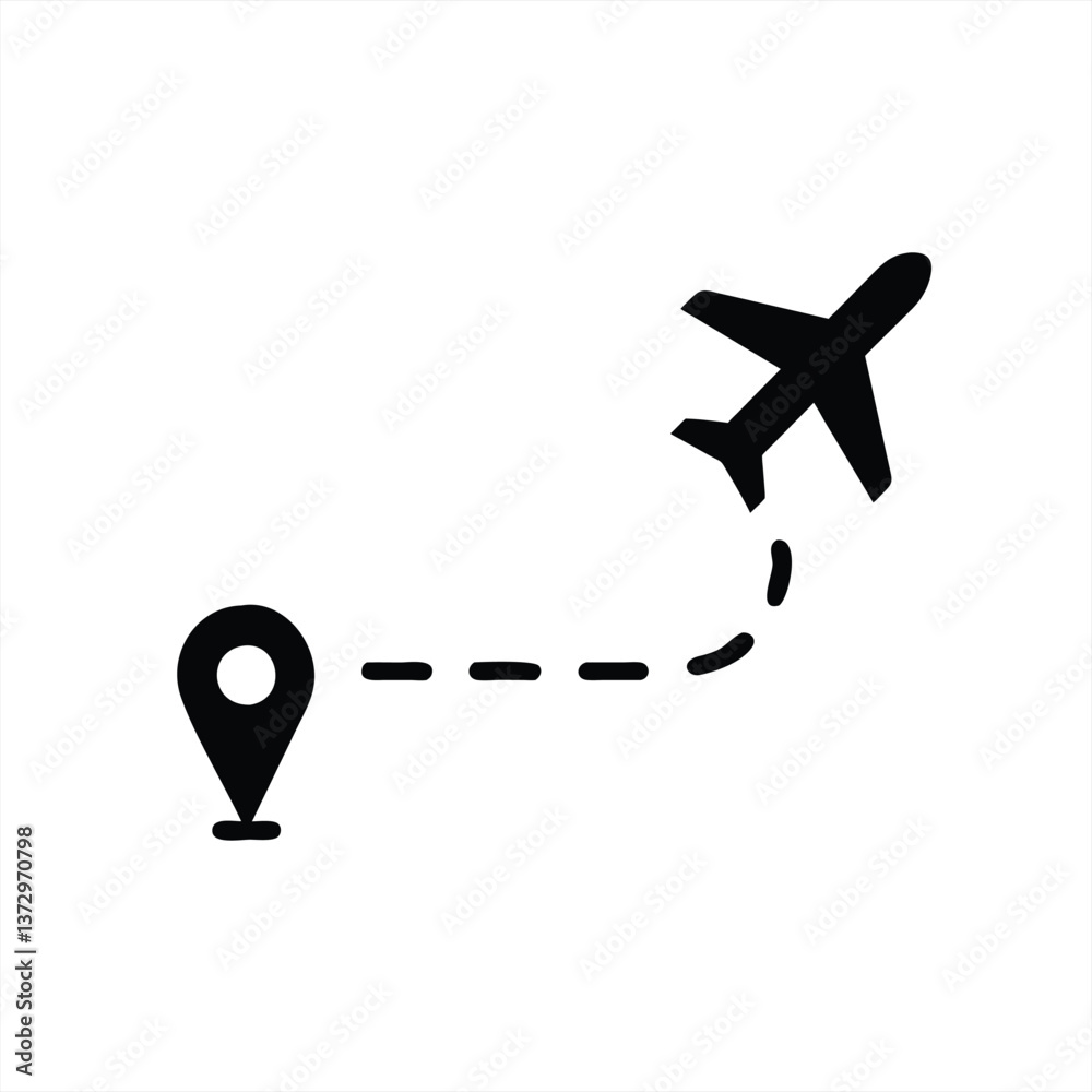 Travel route illustration with airplane and location pin Travel route illustration with airplane and location pin