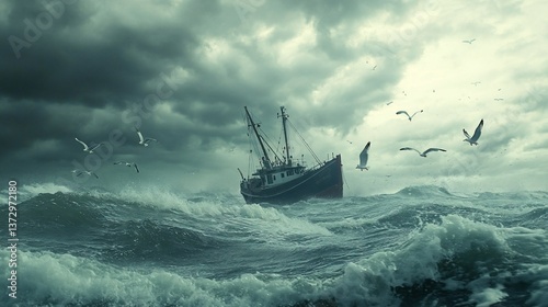 Fishing vessel navigates through turbulent ocean waters beneath ominous clouds photo