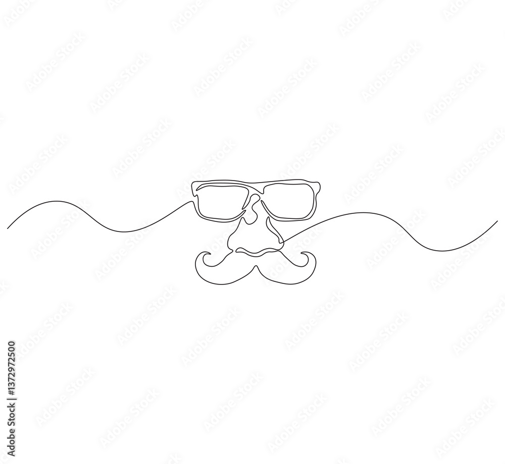 Obraz premium Nose mustache glasses outline drawing illustration. Continuous line draw of nose mustache glasses for april fools day vector.