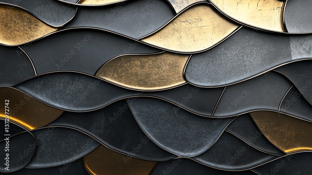 Obraz premium Abstract 3D rendering of wavy black and gold shapes.