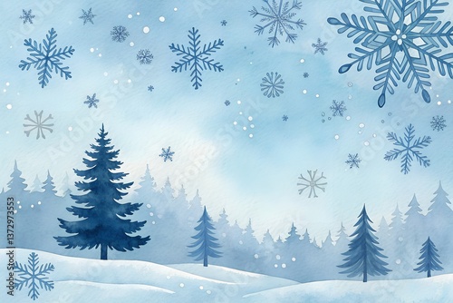 Watercolor winter landscape with trees