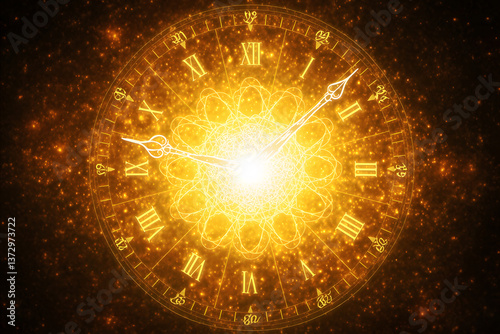 A radiant golden clock face glows against a backdrop of swirling celestial particles, evoking a sense of cosmic timekeeping. The clock features Roman numerals and ornate details.