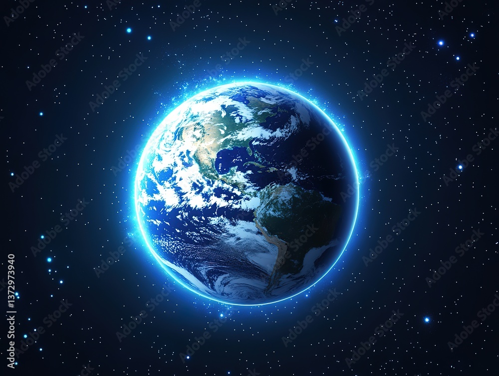 Fototapeta premium The Earth in space with a blue halo, representing our planet's connection to digital technology and global networks.