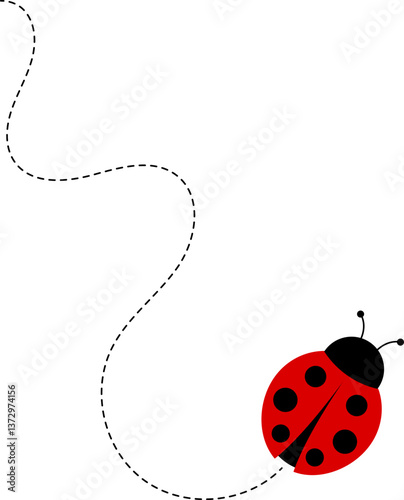 Cute ladybug characters collection. Flying cartoon ladybug with dotted path. Ladybugs flying on dotted route. ladybug icon set. Insects group. Vector illustration isolated on white.