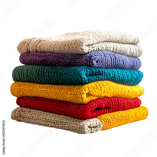Cozy Knitted Blankets in Vibrant Colors Isolated on Transparent Background