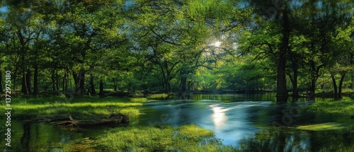 Sunlight pierces lush forest, reflecting on water.
