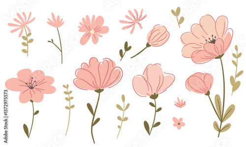 Vector set of cute pink flowers on white background. Flower buds and green twigs and leaves. Vector illustration