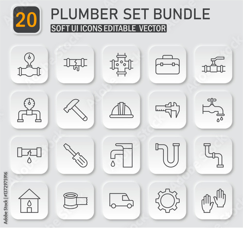 Professional Plumbing Equipment and Tools Vector Icons Collection in Line Style
