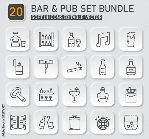 Vector Icons Bundle: Bar and Pub Elements in Soft UI Style for Graphic Design