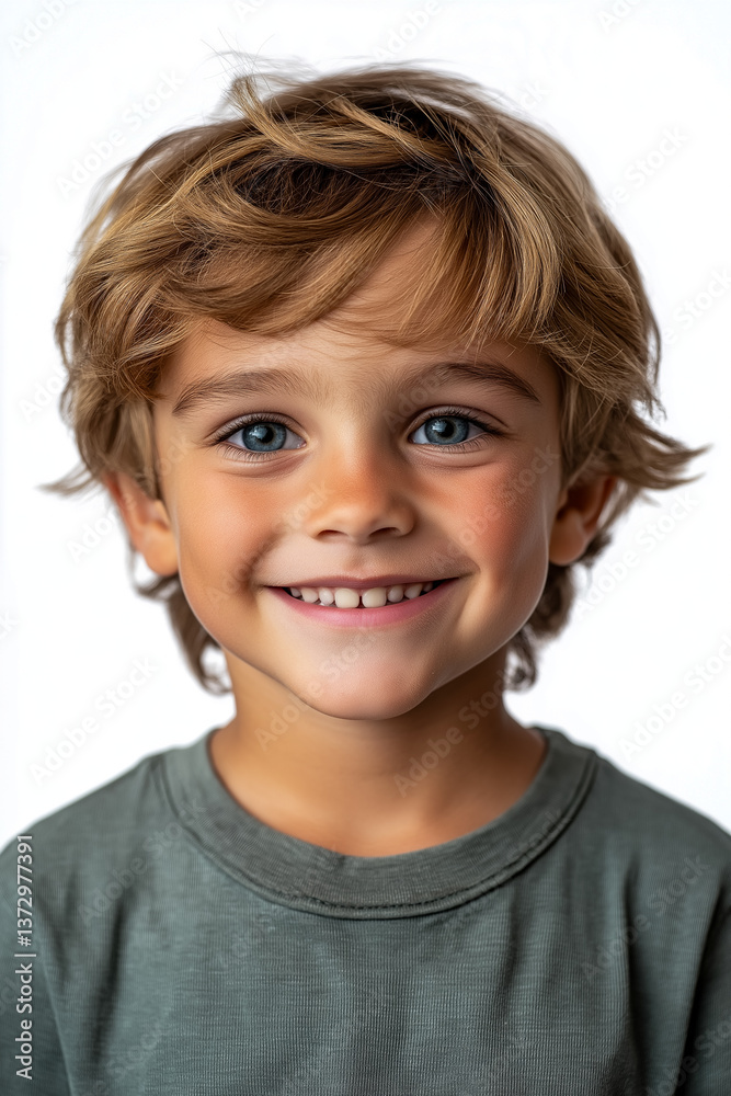 Portrait of a young, smiling boy with blue eyes and blond hair. He is wearing a muted green shirt and set against a white background. Portrait of a young, smiling boy with blue eyes and blond hair. He is wearing a muted green shirt and set against a white background.
