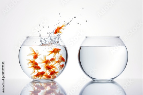 Goldfish leaping from an overcrowded fishbowl into an empty one, creating a splash, on a white background. Concept of freedom, change, and risk. Ai generative