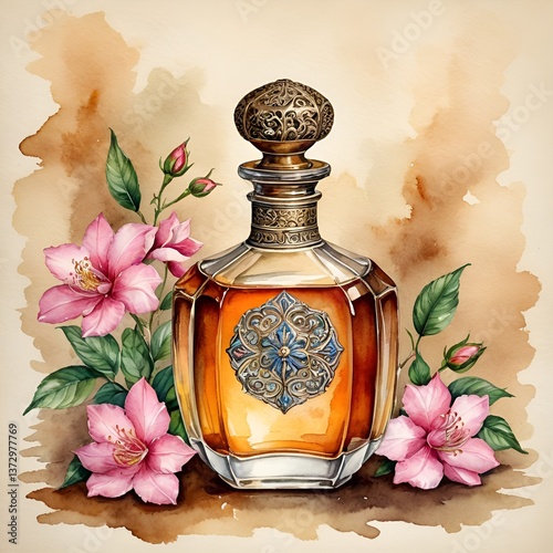 Beautifully crafted perfume bottle surrounded by delicate pink flowers set against a soft watercolor background