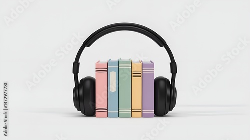 Headphones resting on stacked colorful books in a minimalist setting highlighting the fusion of audio and literature