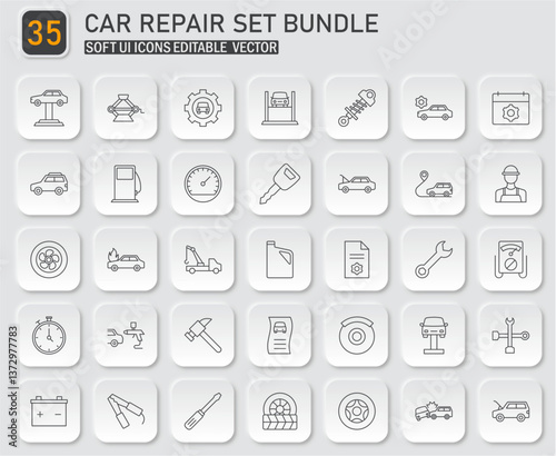 Comprehensive car repair and maintenance icons, soft UI style, editable vector