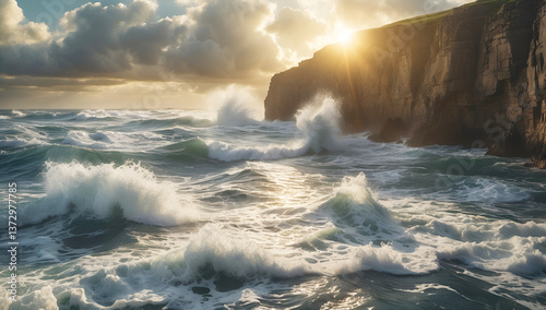 Waves crash against rocky coast at sunset with clouds and golden light reflecting on water
