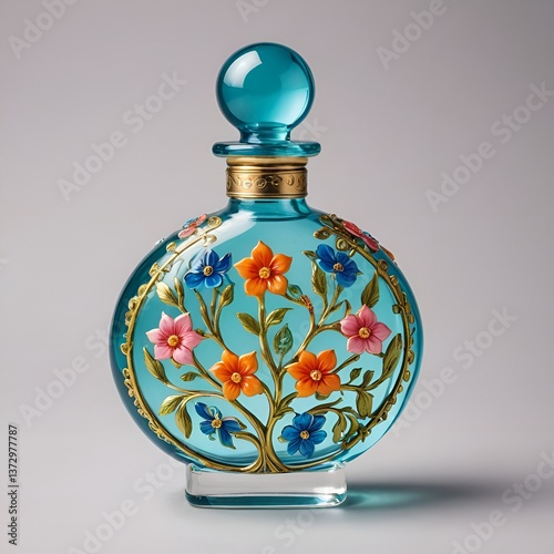 Decorative glass bottle with colorful floral design and golden accents from an artisan craftsman
