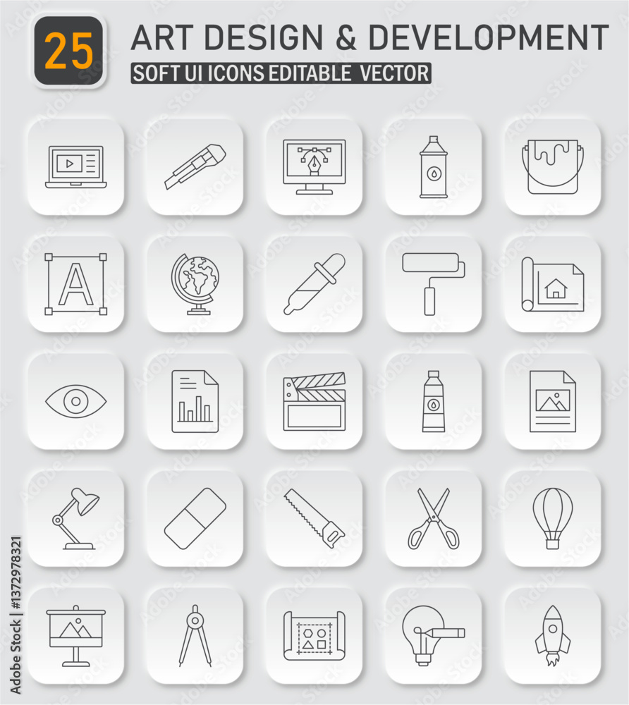 Collection of Art Design and Development Editable Vector Icons Soft UI Style Collection of Art Design and Development Editable Vector Icons Soft UI Style