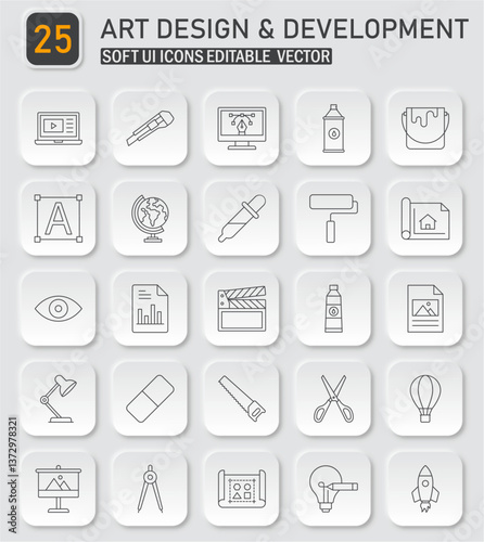 Collection of Art Design and Development Editable Vector Icons Soft UI Style