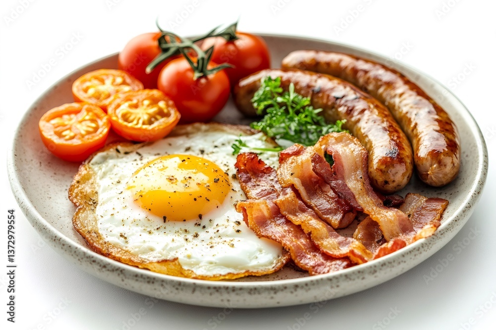 Delicious english breakfast with sausages, bacon, fried egg and tomatoes on white background