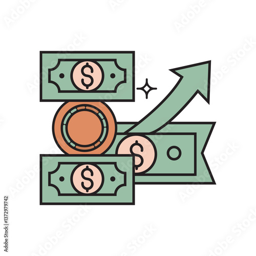 Creative Illustration Depicting Cash Flow with Dollar Bills, Coin, and Upward Arrow Symbolizing Financial Growth and Stability