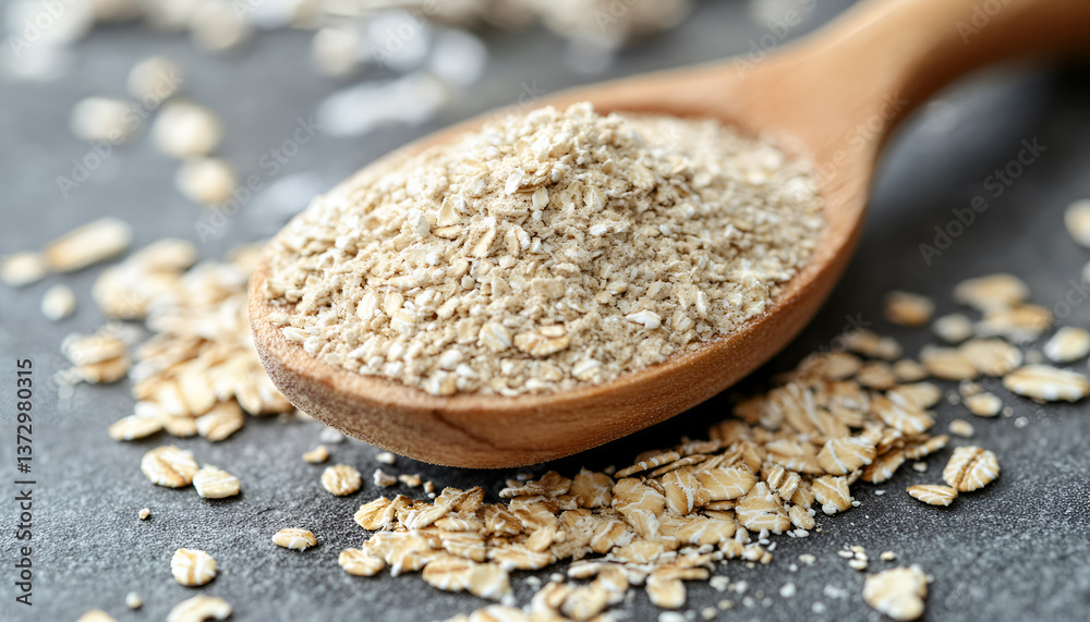 Oat bran in wooden spoon and grain on grey table, close-up
